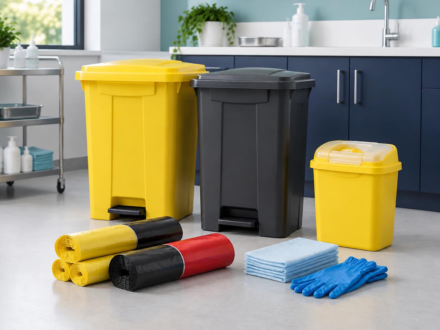 Medical waste bins, collection bags, and healthcare safety supplies
